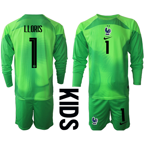 Frankreich Hugo Lloris #1 Torwart Fußballbekleidung Auswärtstrikot Kinder WM 2022 Langarm (+ kurze hosen)